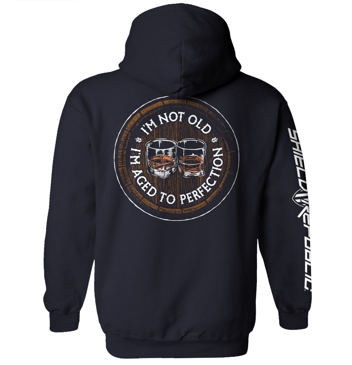 Navy graphic hoodie with circular bourbon-barrel slogan print on back