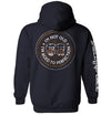 Navy graphic hoodie with circular bourbon-barrel slogan print on back