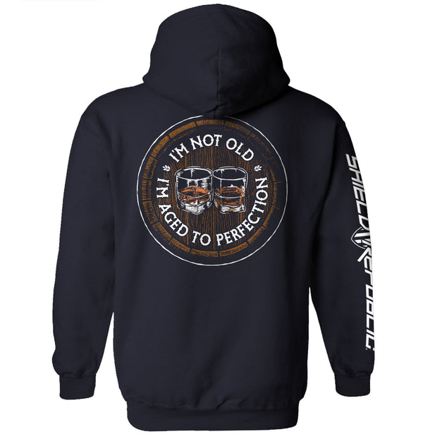 Navy graphic hoodie with circular bourbon-barrel slogan print on back