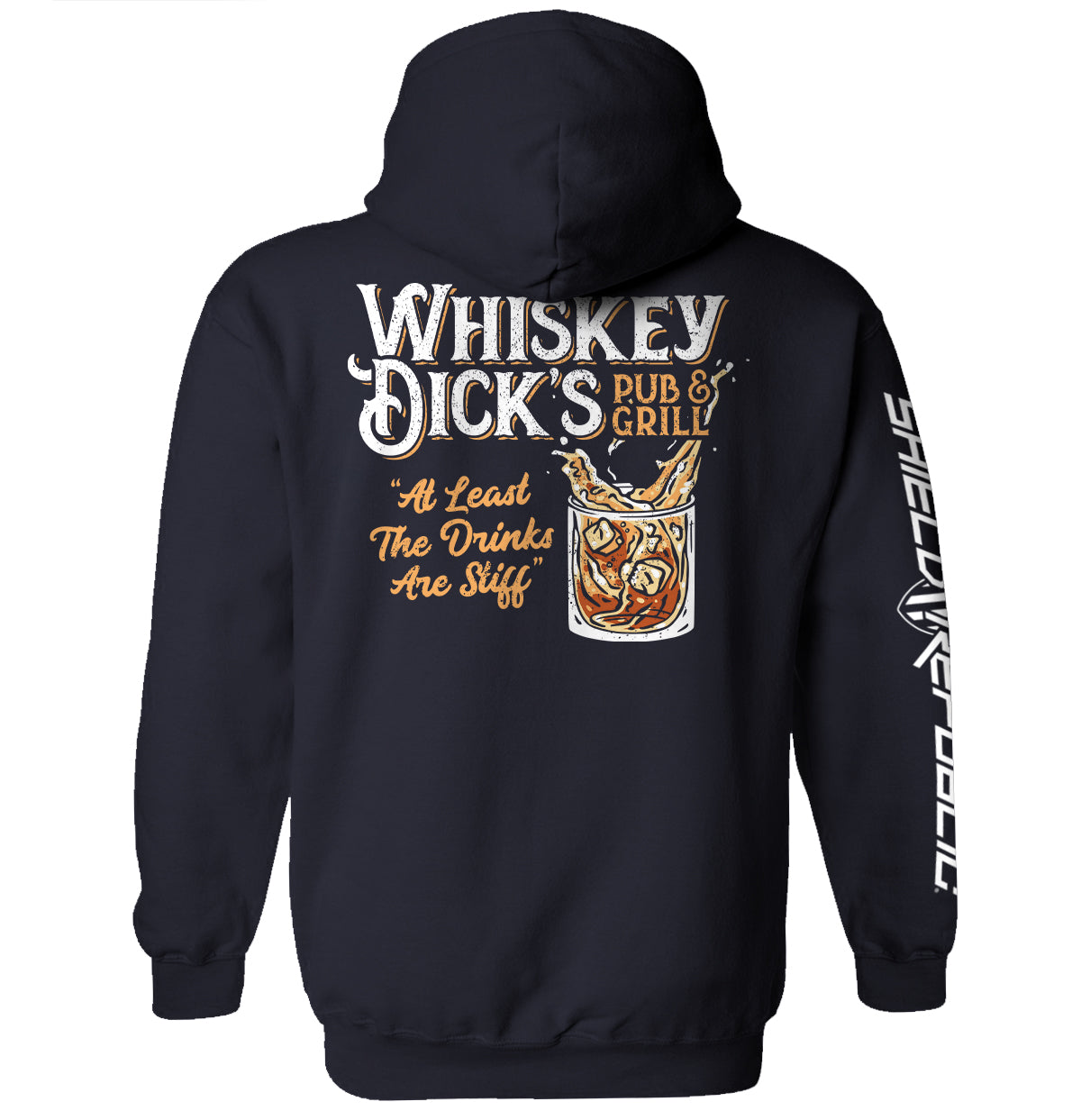 True Navy hoodie with back Whiskey Dick's Pub & Grill graphic print and right sleeve text