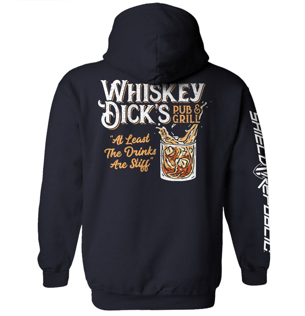 True Navy hoodie with back Whiskey Dick's Pub & Grill graphic print and right sleeve text