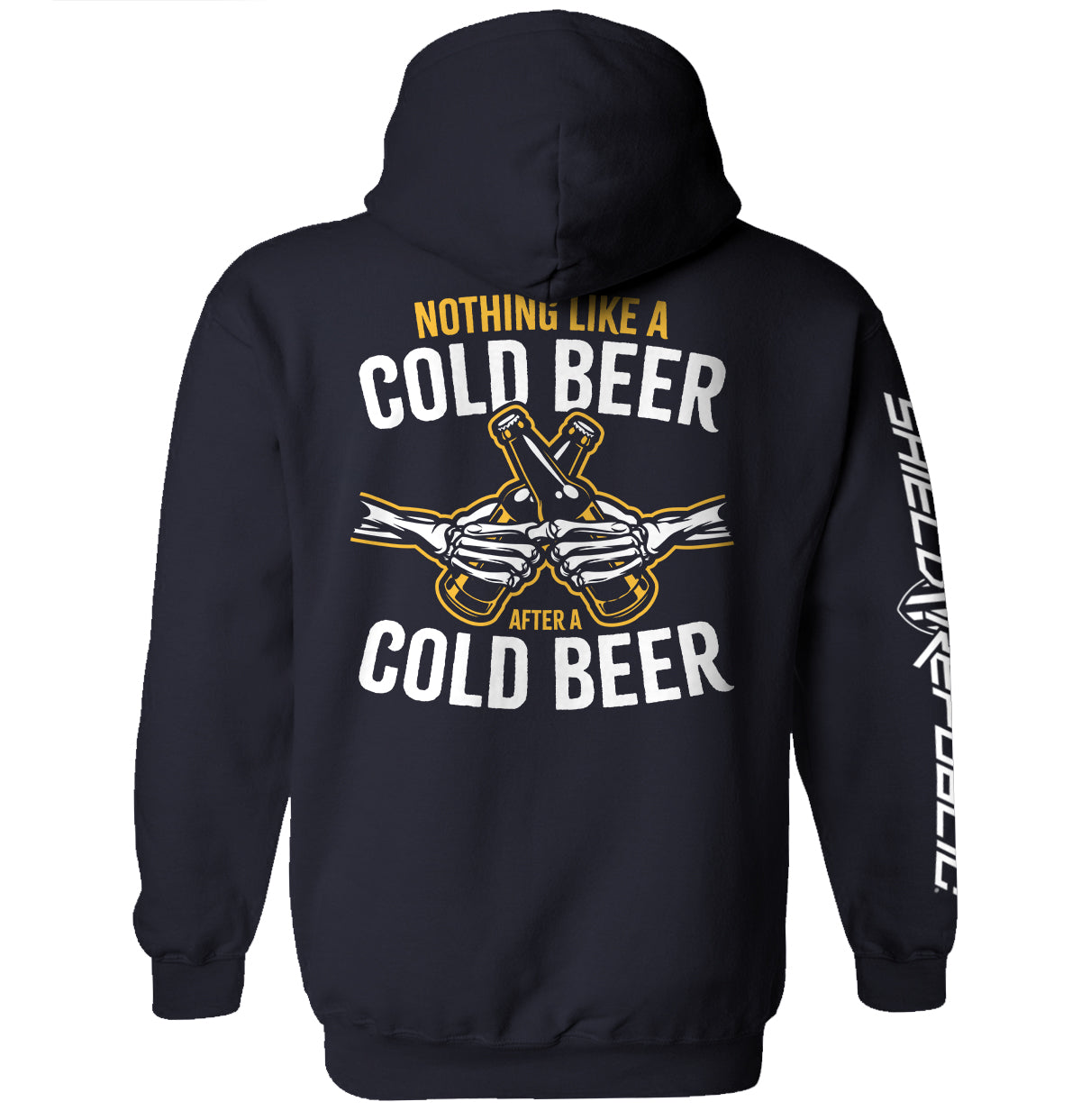 Navy hoodie, back text 'NOTHING LIKE A COLD BEER' with beer-bottle graphic