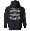 Navy hoodie, back text 'NOTHING LIKE A COLD BEER' with beer-bottle graphic