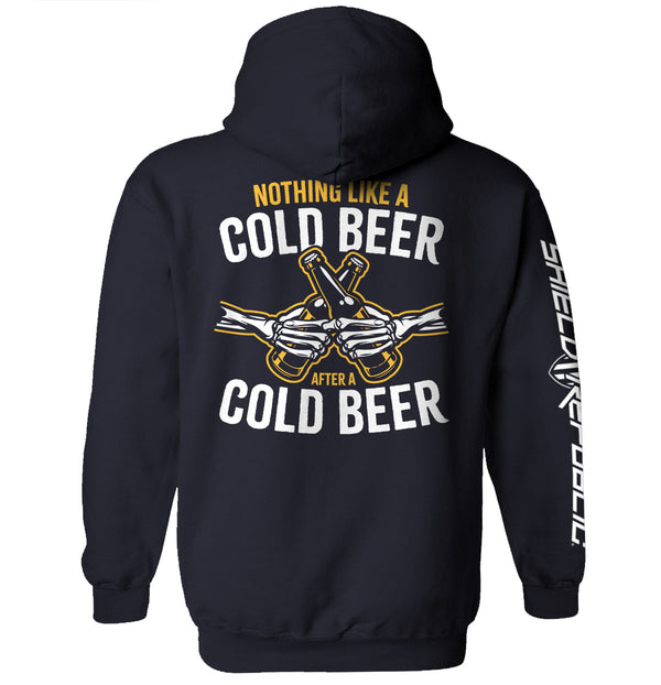 Navy hoodie, back text 'NOTHING LIKE A COLD BEER' with beer-bottle graphic