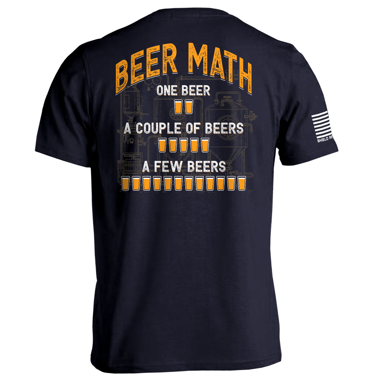 Graphic navy T-shirt with orange beer-themed back print and short sleeves