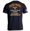 Graphic navy T-shirt with orange beer-themed back print and short sleeves