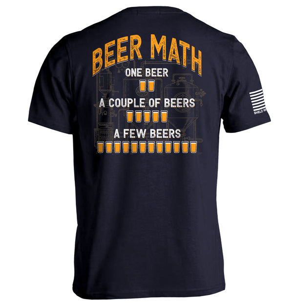 Graphic navy T-shirt with orange beer-themed back print and short sleeves
