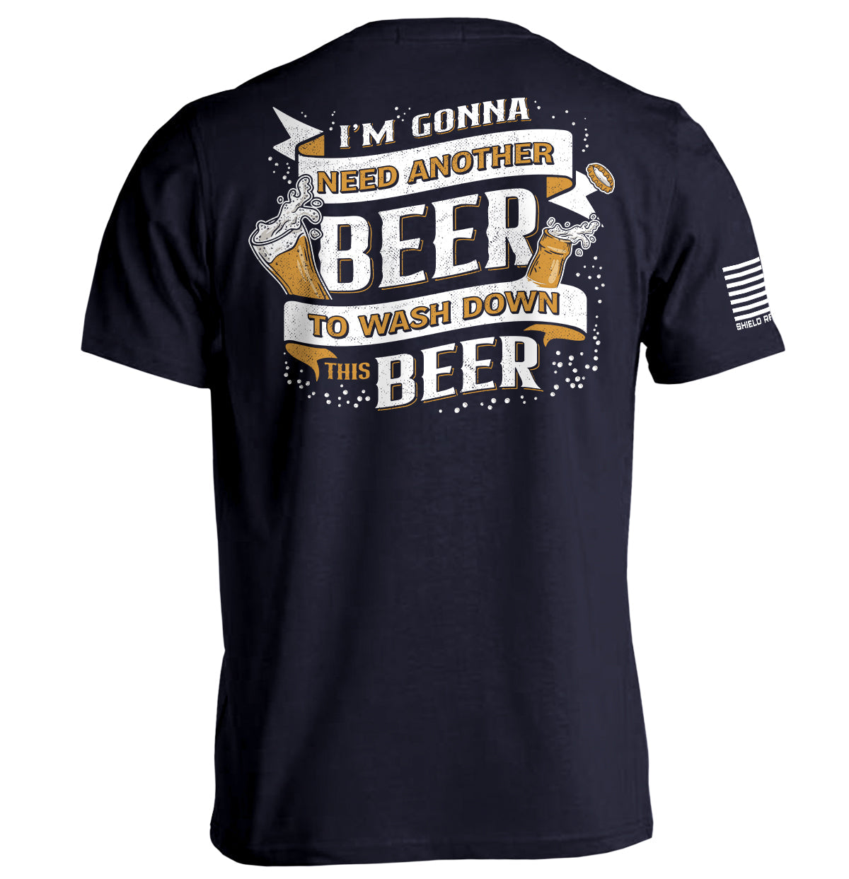 Navy short-sleeve T-shirt with back beer slogan graphic and white sleeve stripe
