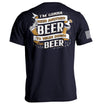 Navy short-sleeve T-shirt with back beer slogan graphic and white sleeve stripe