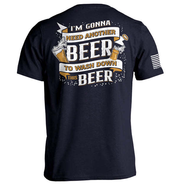 Navy short-sleeve T-shirt with back beer slogan graphic and white sleeve stripe