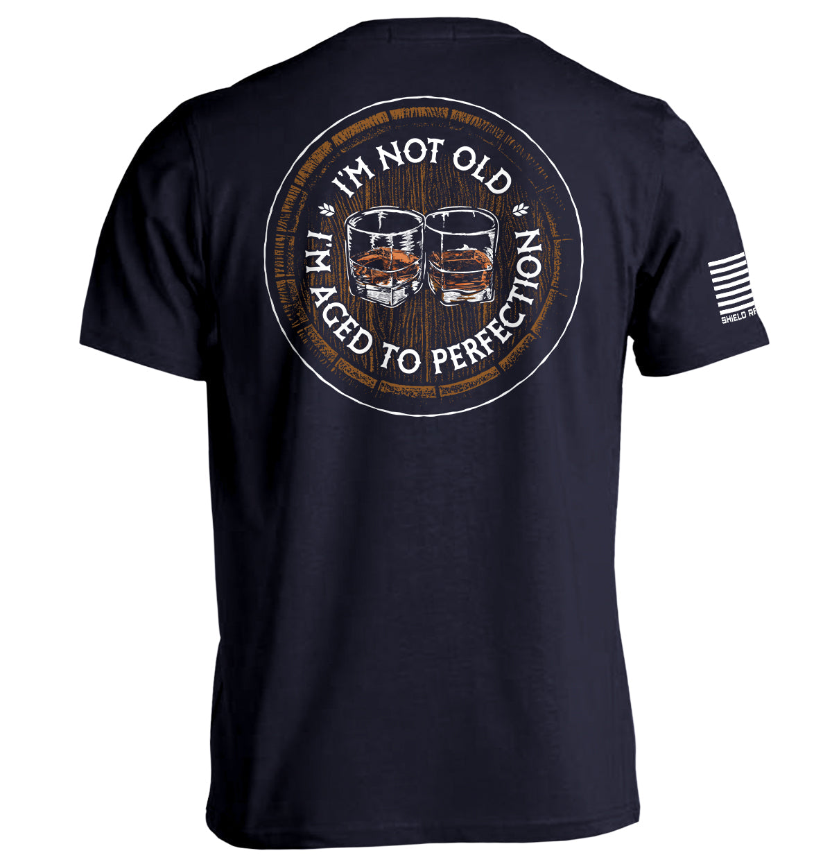 Navy graphic T-shirt with circular bourbon-barrel slogan print on back