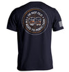 Navy graphic T-shirt with circular bourbon-barrel slogan print on back