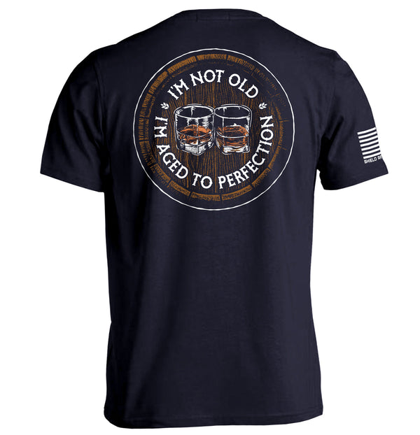 Navy graphic T-shirt with circular bourbon-barrel slogan print on back