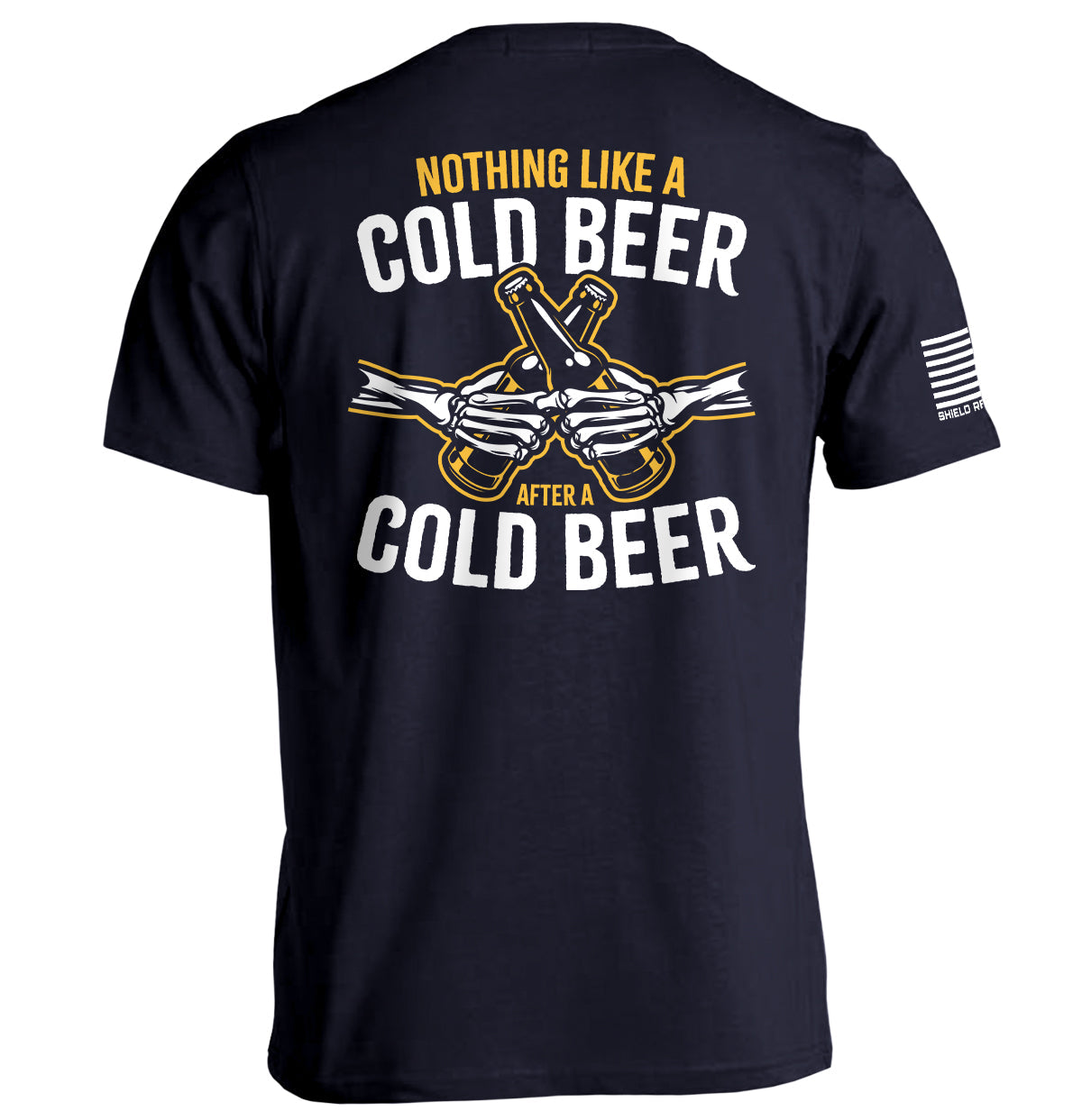 Navy short-sleeve tee, back text 'NOTHING LIKE A COLD BEER' with beer-bottle graphic