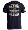 Navy short-sleeve tee, back text 'NOTHING LIKE A COLD BEER' with beer-bottle graphic