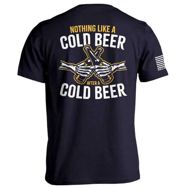 Navy short-sleeve tee, back text 'NOTHING LIKE A COLD BEER' with beer-bottle graphic