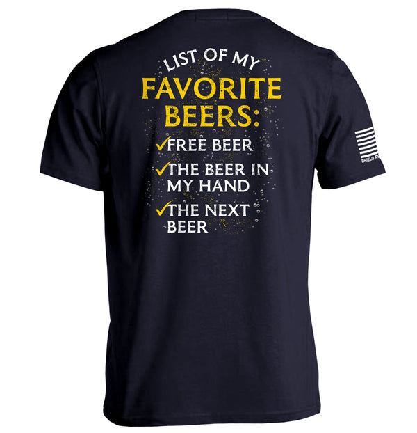 Navy graphic T-shirt, back print: “List of My Favorite Beers” and beer list
