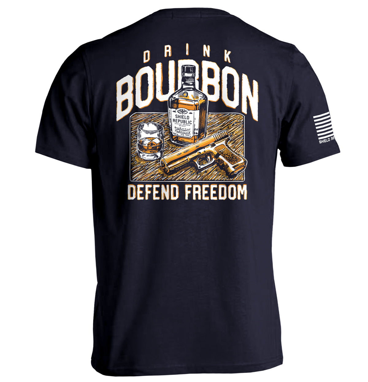 Dark navy T-shirt with back graphic: bourbon bottle, DRINK/BOURBON text, DEFEND FREEDOM