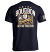 Dark navy T-shirt with back graphic: bourbon bottle, DRINK/BOURBON text, DEFEND FREEDOM