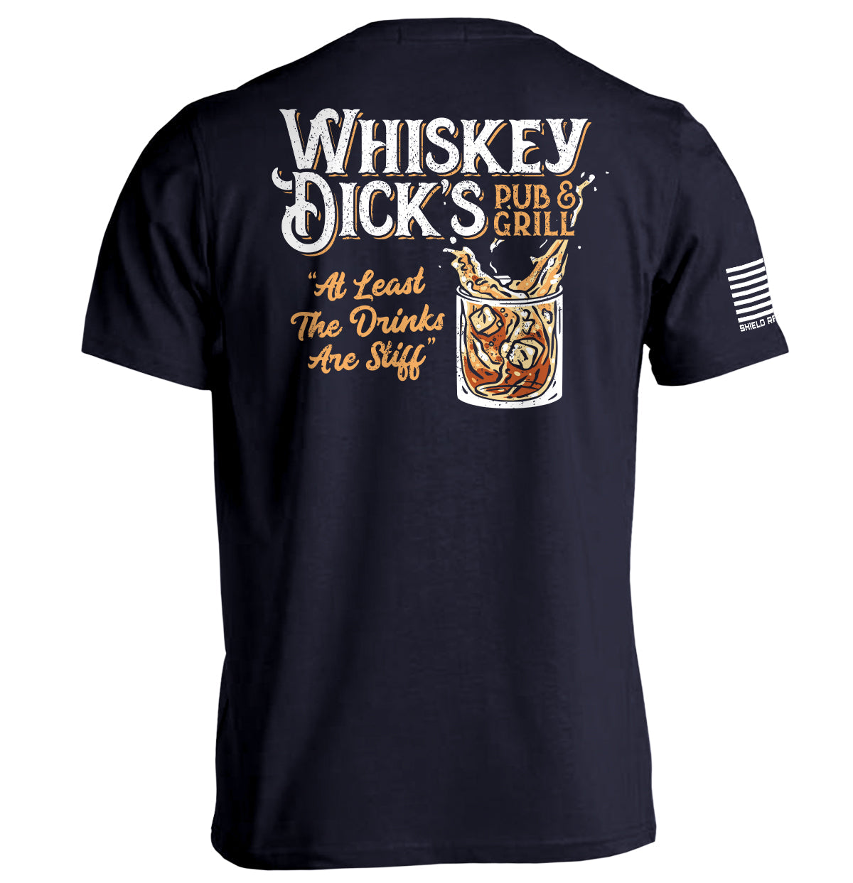 Navy T-shirt with back Whiskey Dick's Pub & Grill graphic print and right sleeve stripes