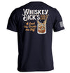 Navy T-shirt with back Whiskey Dick's Pub & Grill graphic print and right sleeve stripes