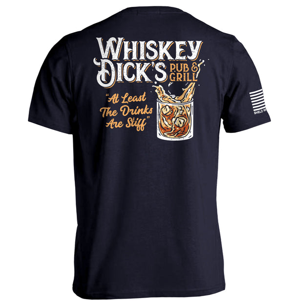 Navy T-shirt with back Whiskey Dick's Pub & Grill graphic print and right sleeve stripes