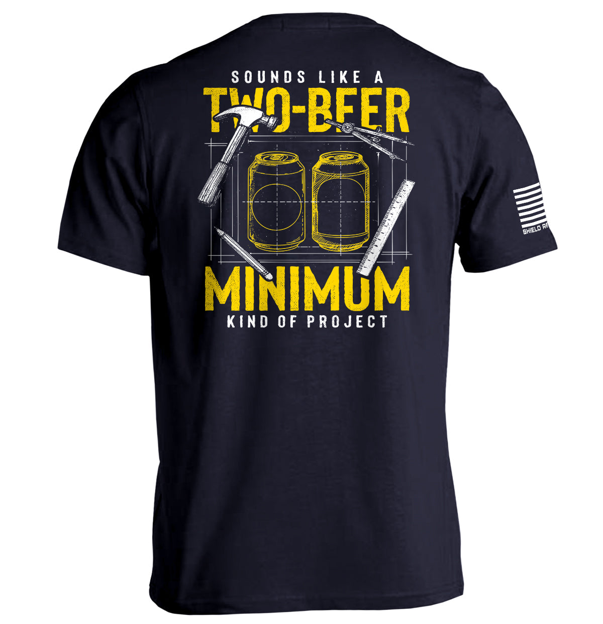 Navy graphic T-shirt, back print of two beer cans with 