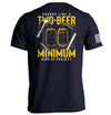 Navy graphic T-shirt, back print of two beer cans with "MINIMUM" text; white sleeve stripe