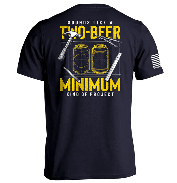 Navy graphic T-shirt, back print of two beer cans with "MINIMUM" text; white sleeve stripe