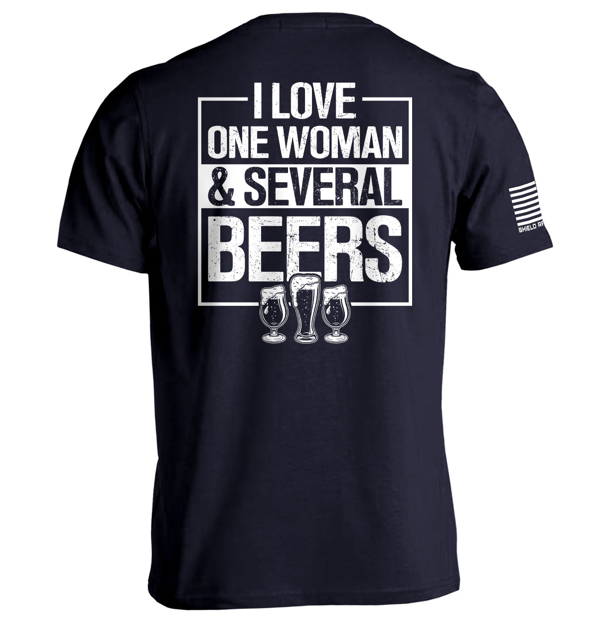 Navy T-shirt with 'I LOVE ONE WOMAN & SEVERAL BEERS' back graphic and beer mugs