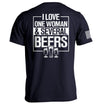 Navy T-shirt with 'I LOVE ONE WOMAN & SEVERAL BEERS' back graphic and beer mugs
