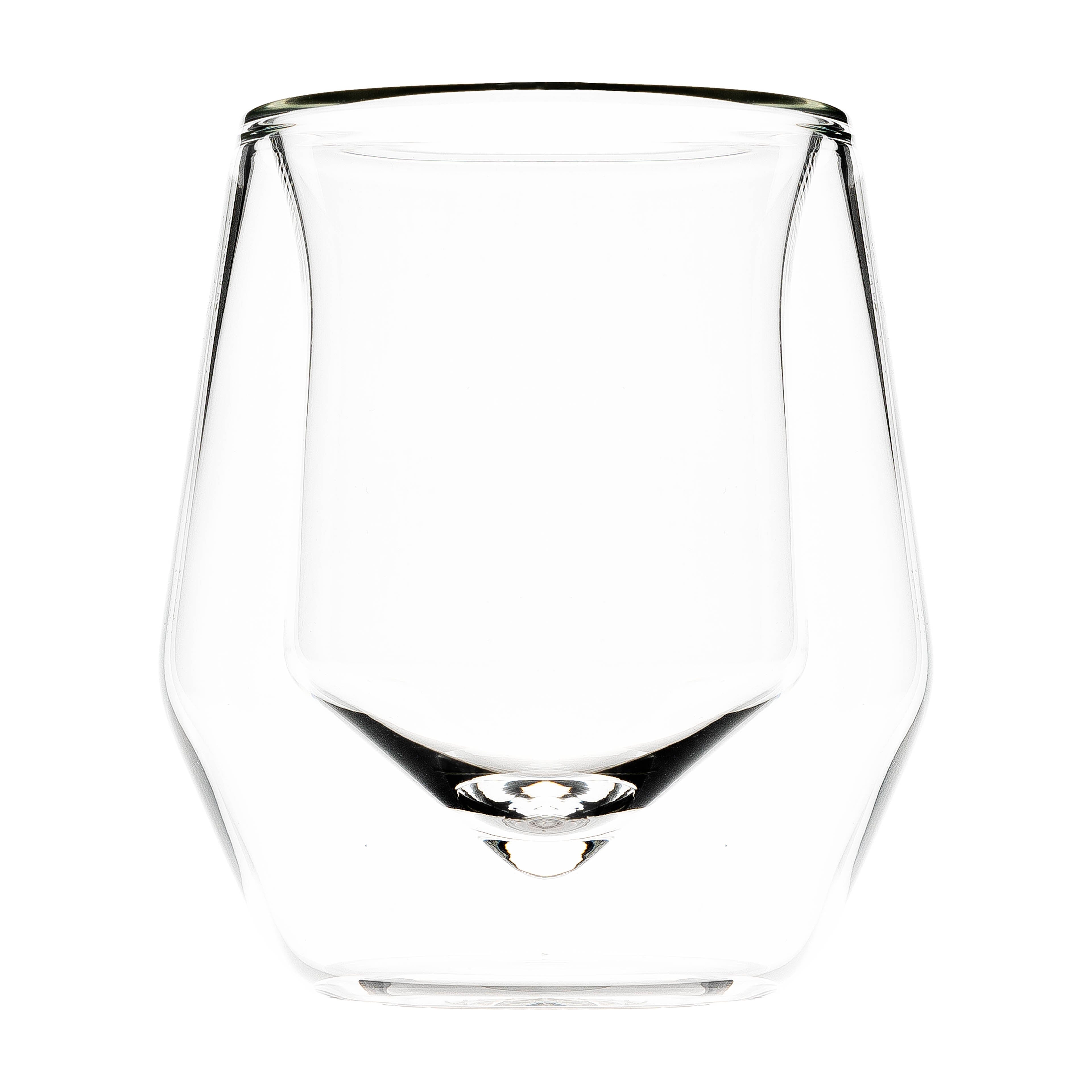 Clear double-walled glass tumbler with faceted base, empty