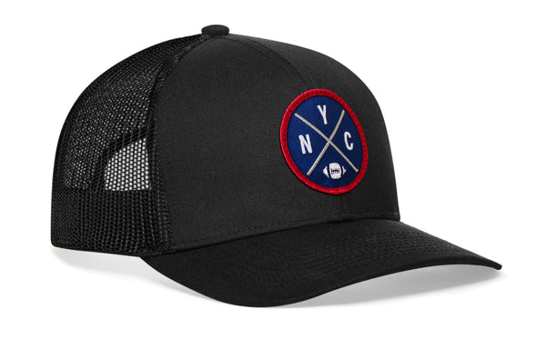 Black trucker snapback hat, front and side view with round logo patch and mesh