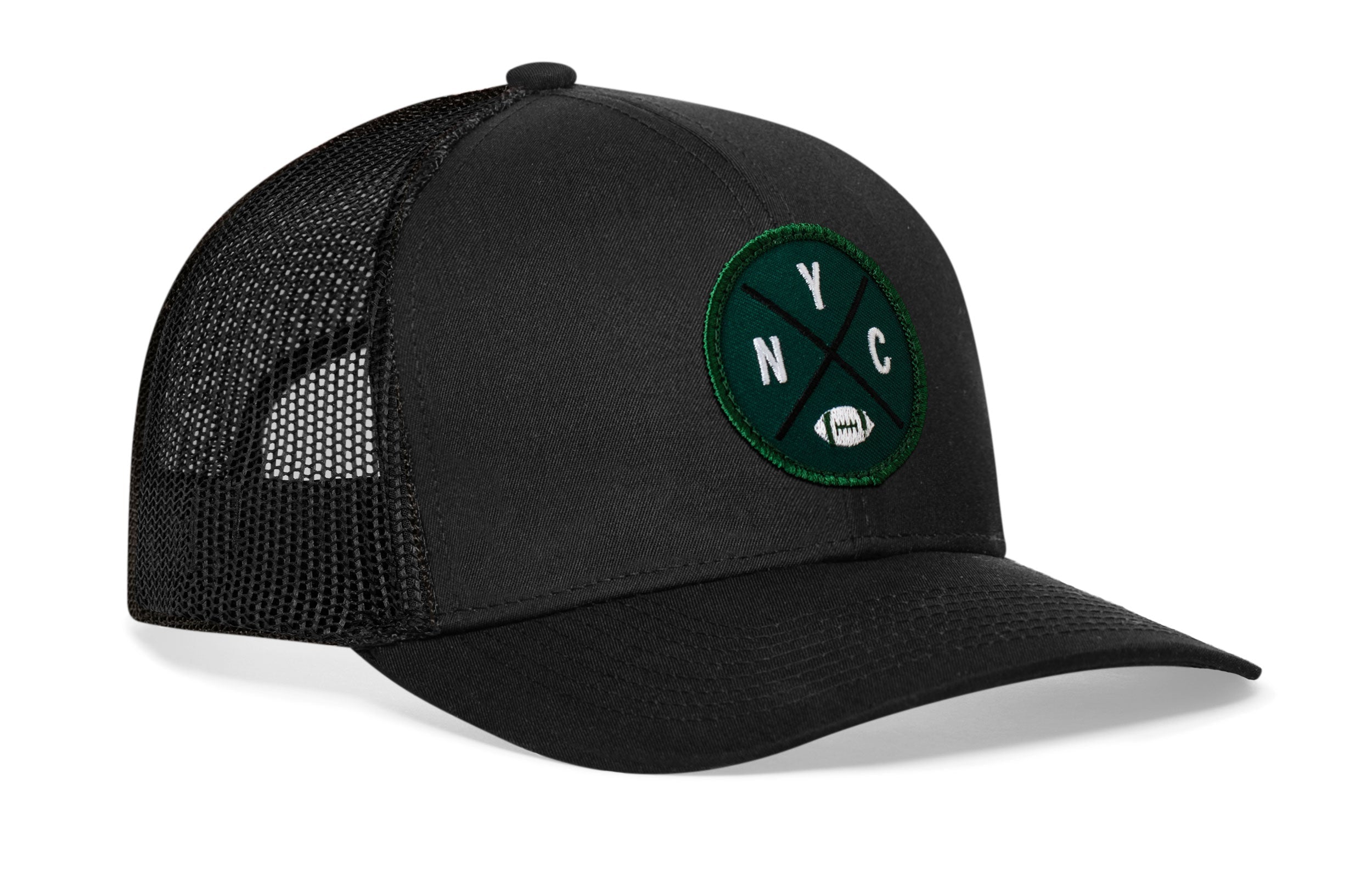 Black trucker snapback hat with green NYC patch and front logo, mesh back panels