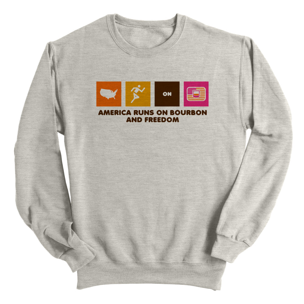 Heather gray crewneck sweatshirt with America Runs on Bourbon and Freedom graphic