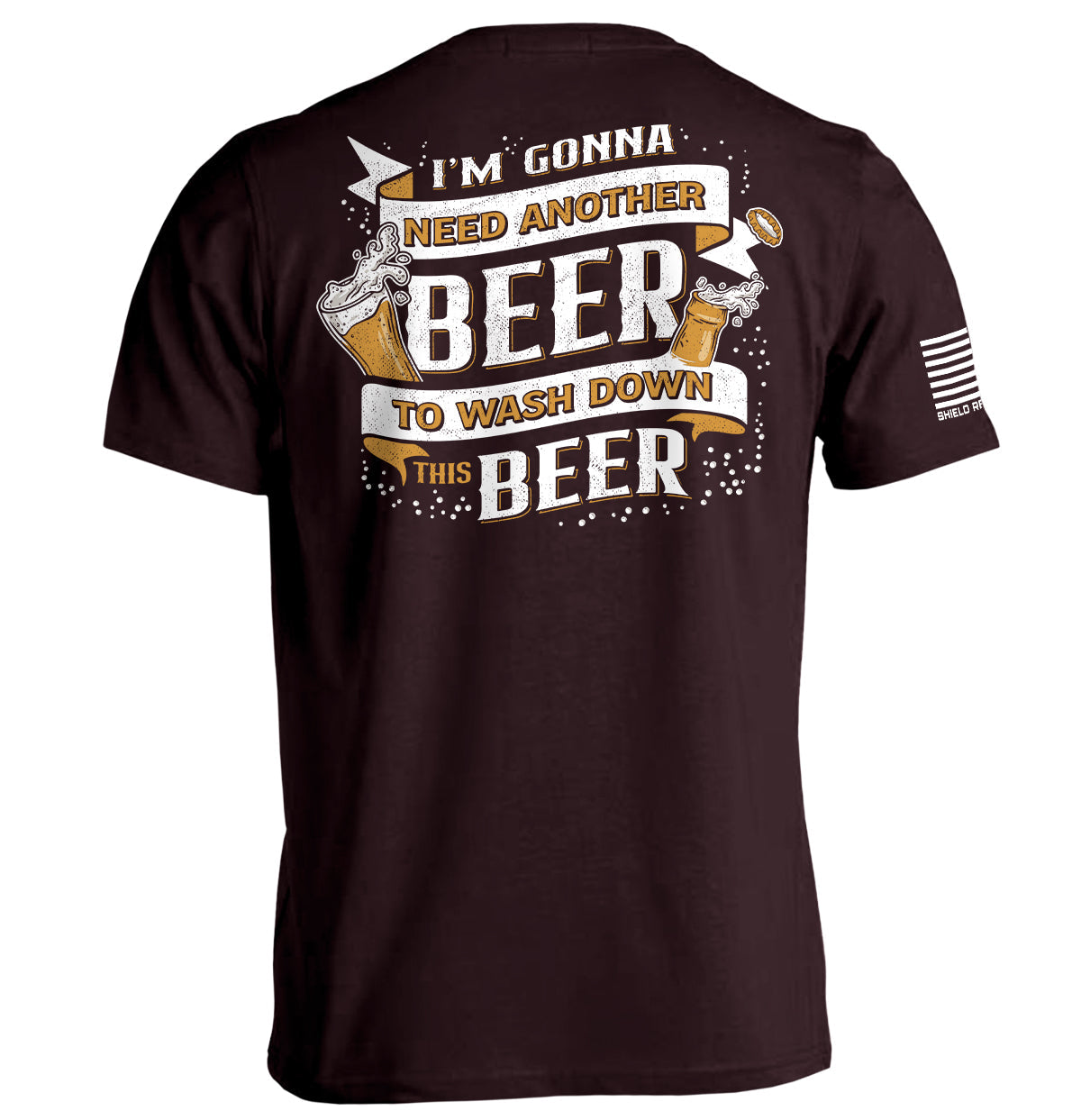Ox blood short-sleeve T-shirt with back beer slogan graphic and white sleeve stripe