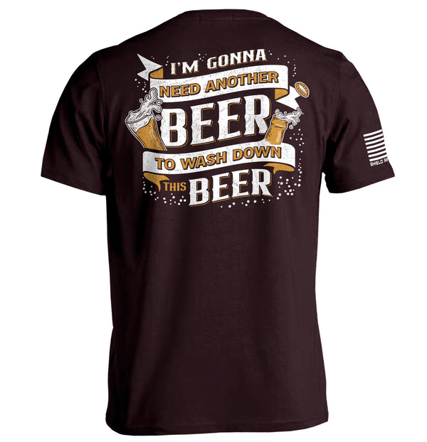 Ox blood short-sleeve T-shirt with back beer slogan graphic and white sleeve stripe