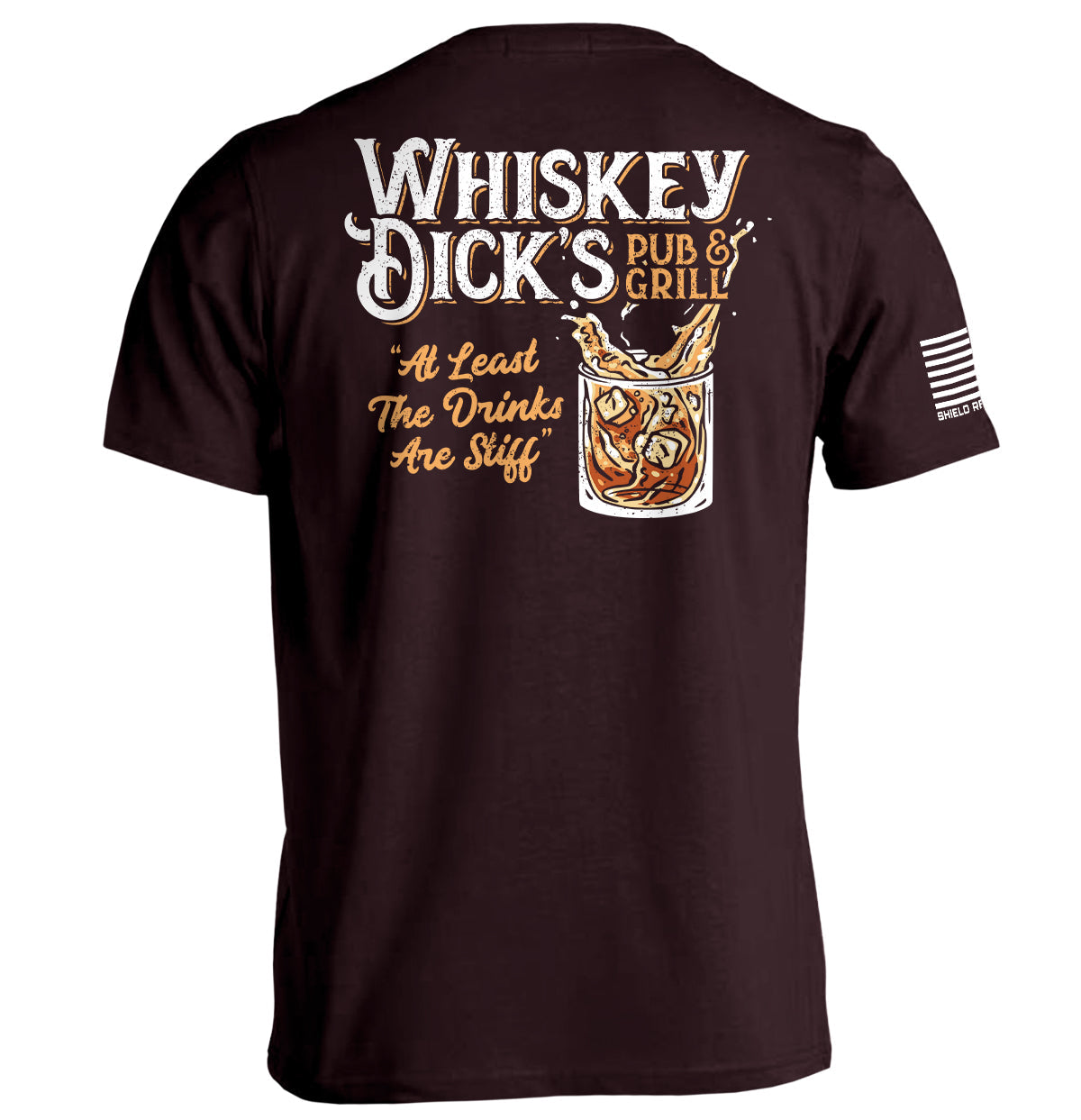 Ox Blood T-shirt with back Whiskey Dick's Pub & Grill graphic print and right sleeve stripes