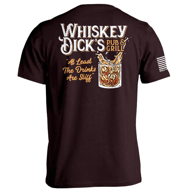 Ox Blood T-shirt with back Whiskey Dick's Pub & Grill graphic print and right sleeve stripes