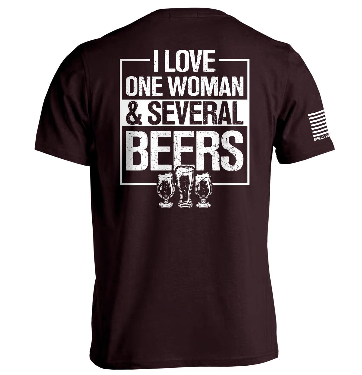 Burgundy T-shirt with 'I LOVE ONE WOMAN & SEVERAL BEERS' back graphic and beer mugs