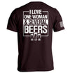 Burgundy T-shirt with 'I LOVE ONE WOMAN & SEVERAL BEERS' back graphic and beer mugs