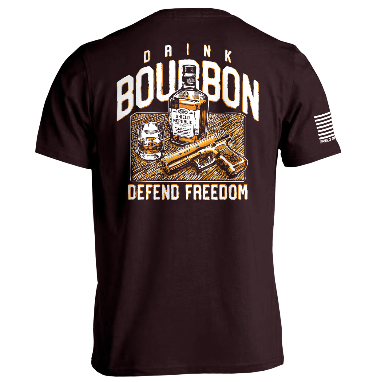 Rust-red T-shirt with back graphic: bourbon bottle, DRINK/BOURBON text, DEFEND FREEDOM