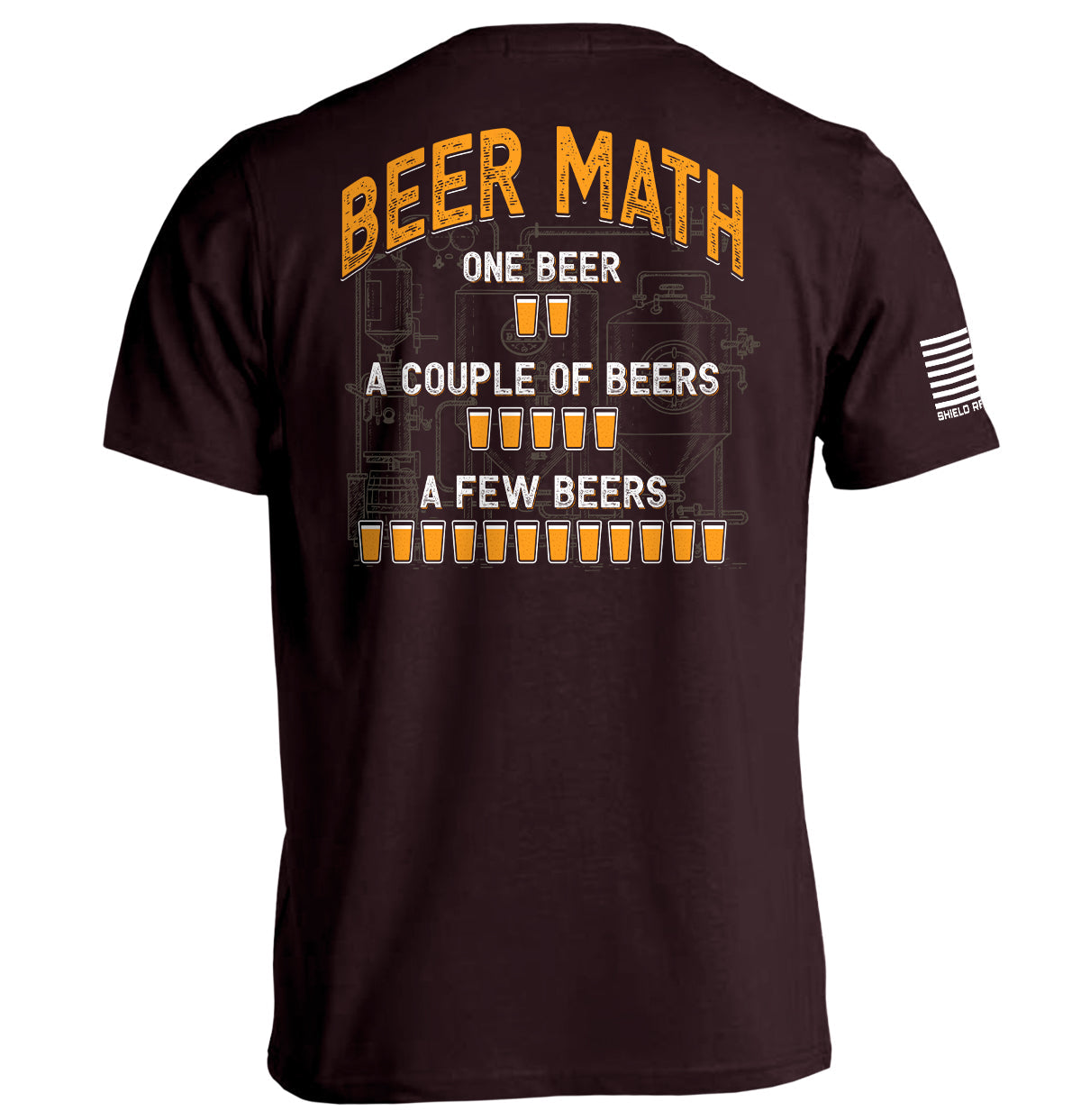 Graphic ox-blood T-shirt with orange beer-themed back print and short sleeves