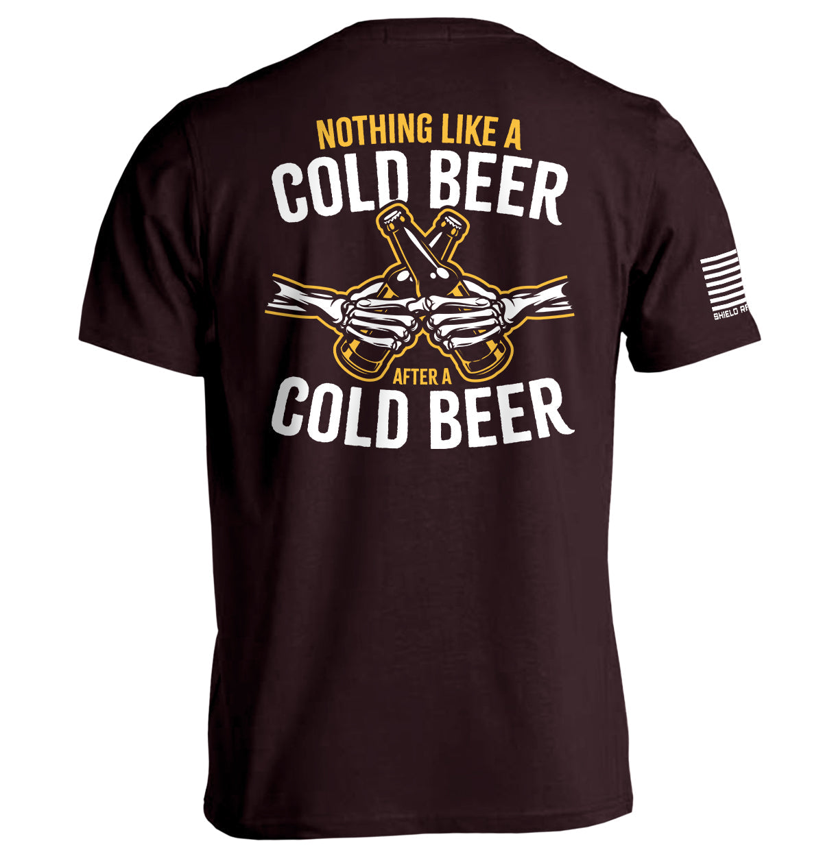 Ox blood short-sleeve tee, back text 'NOTHING LIKE A COLD BEER' with beer-bottle graphic