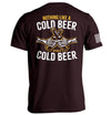 Ox blood short-sleeve tee, back text 'NOTHING LIKE A COLD BEER' with beer-bottle graphic