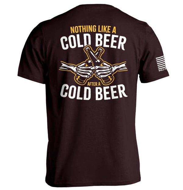 Ox blood short-sleeve tee, back text 'NOTHING LIKE A COLD BEER' with beer-bottle graphic