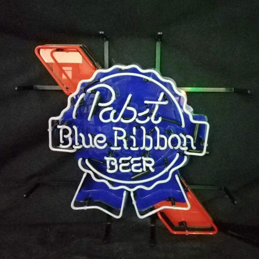 Pabst beer neon sign badge with blue border and red accent, mounted on bars