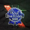 Pabst beer neon sign badge with blue border and red accent, mounted on bars