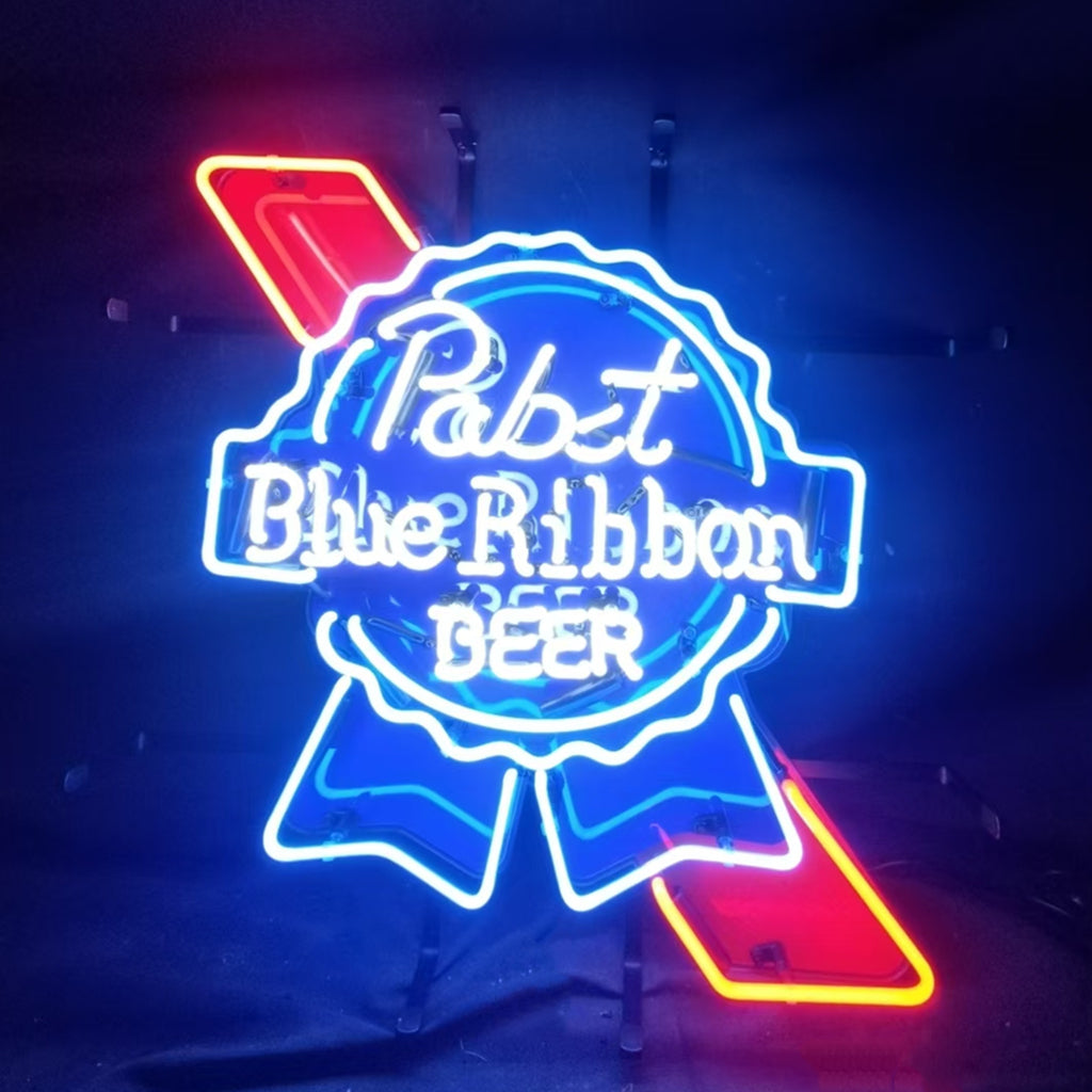 Neon beer sign with Pabst Blue Ribbon Beer text, blue and red glowing outline