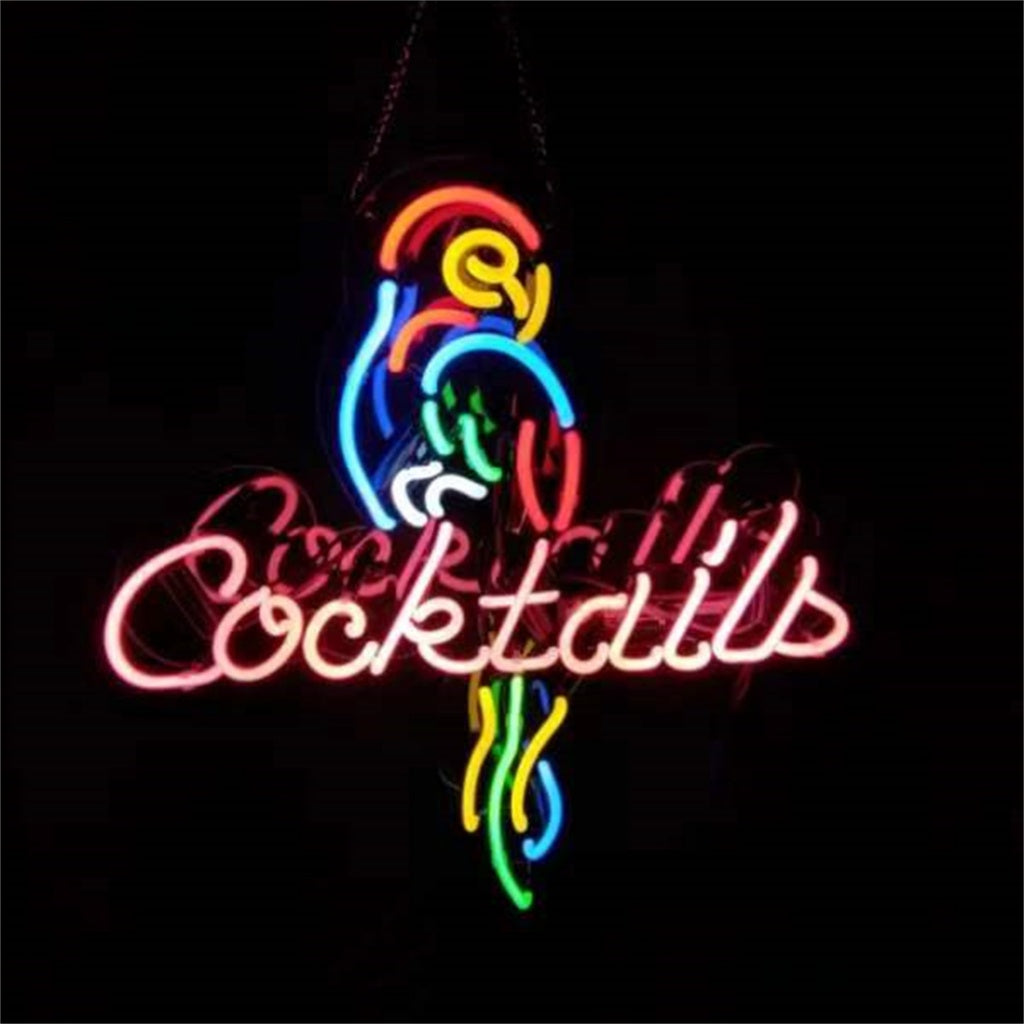 Hanging neon sign showing colorful parrot above cursive 'Cocktails' wording